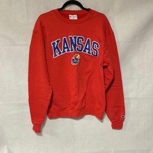 Champion Kansas Jayhawks Red Arch Mascot Long Sleeve Crew Sweatshirt, Medium